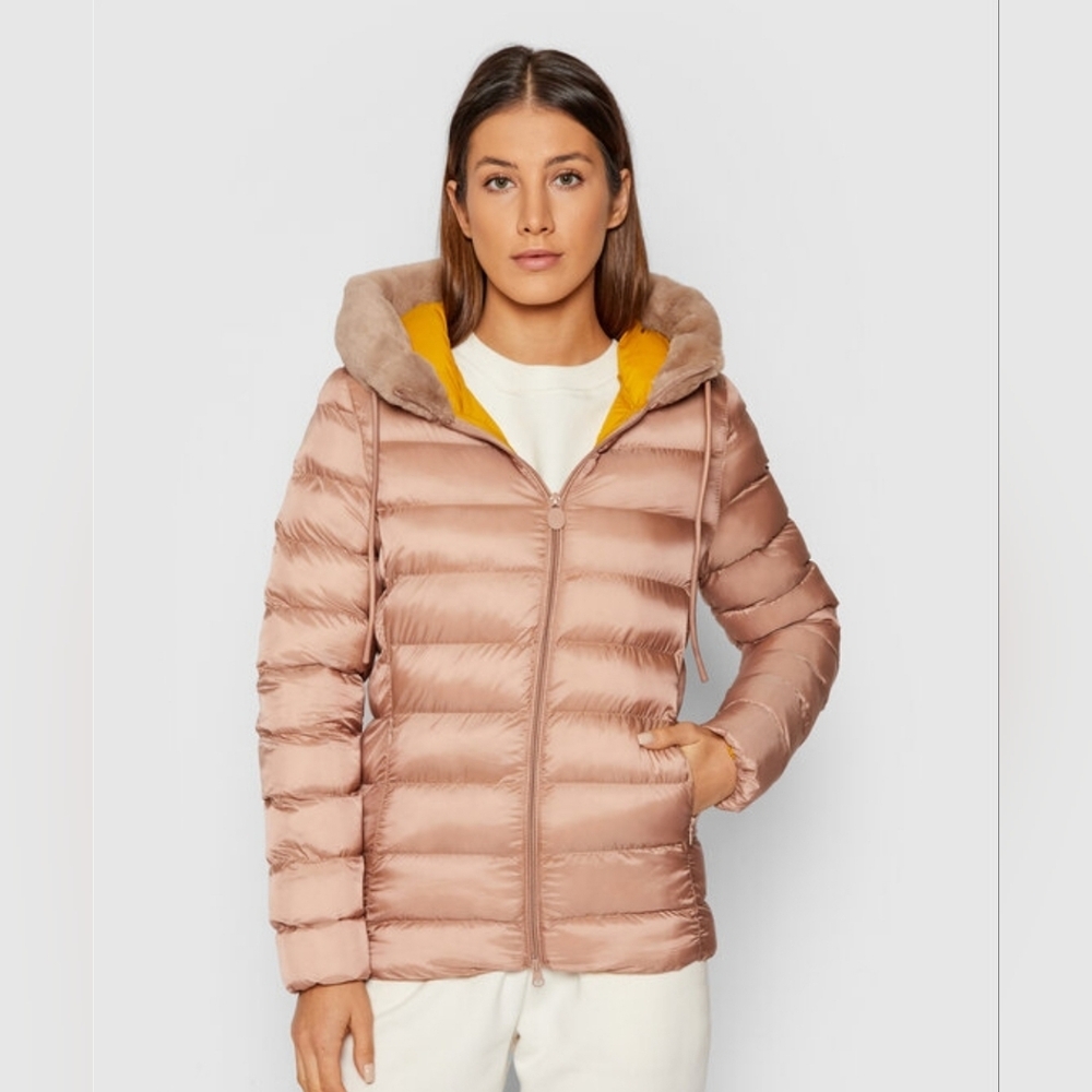 NWT Women's Shimmer Y2K Rose Puffer Jacket w Orange Gold Lining Sustainable Sz S